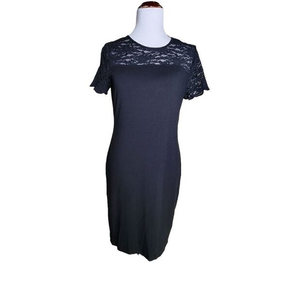Vince Camuto Lace Top Short Sleeve Midi Shift Dress Black Size Large - Picture 1 of 7
